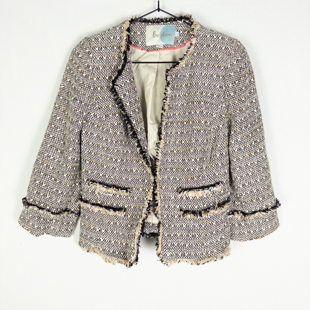Boden Tweed Fringe Trim Blazer Jacket Womens US 6 Black Cream 3/4 Sleeve Chic